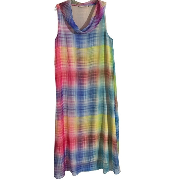 Soft Surroundings Pink Yellow Blue Carnevale Multi Plaid Maxi Dress Cowl Neck - Picture 2 of 9